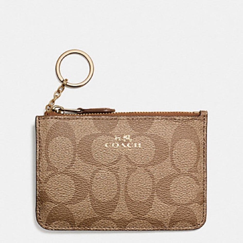 Coach KEY POUCH WITH GUSSET IN SIGNATURE F63923 Khaki/Saddle